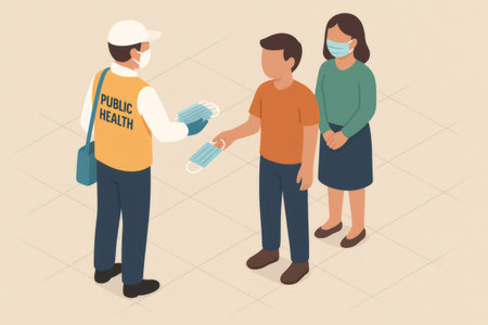 Public health worker distributing protective face masks to people, promoting safety and preventing virus spread during a pandemicの素材