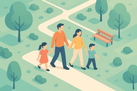 Modern family of four enjoying a leisure walk together in a lush green public park, promoting togetherness and outdoor activityの素材