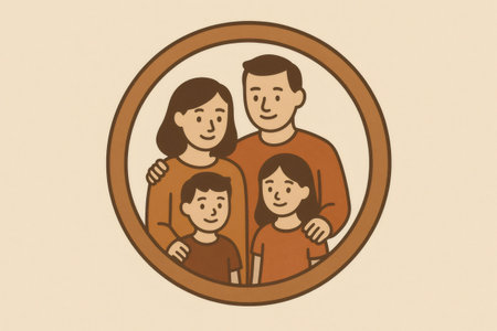 Family portrait illustration showing parents embracing children, symbolizing protection, love, and security within a circular frameの素材