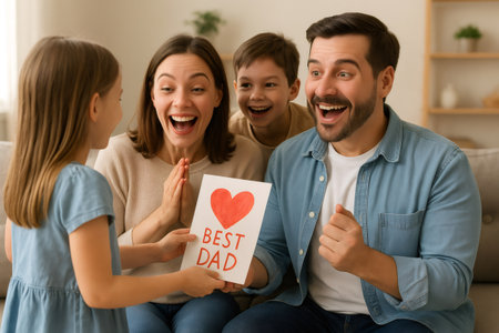 Happy family reacting with joy and surprise while daughter presents a handmade card for father, celebrating special occasionの素材