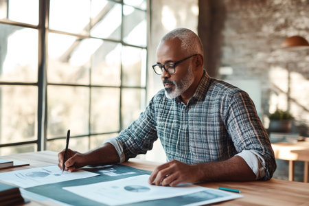 Mature african american businessman in glasses holding a pen, analyzing financial data on paper documents in a stylish officeの素材