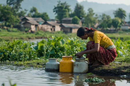 Woman filling large containers with water, essential for daily life in rural village, highlighting water collection efforts and sustainabilityの素材