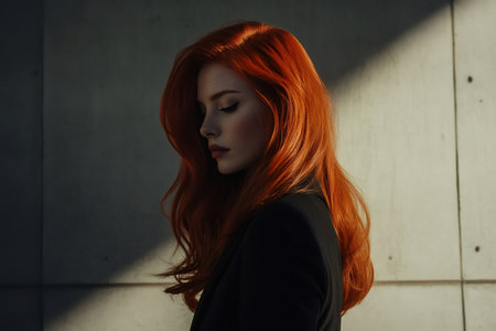 Young red haired woman in black blazer gazing down against textured concrete wall, stylish, pensive urban portrait with dramatic lightの素材