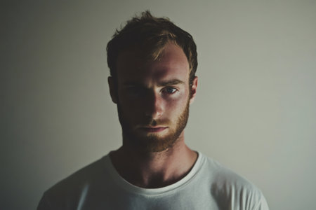 Young man posing for a direct studio portrait, his face partially in deep shadow, highlighting serious expression and strong featuresの素材