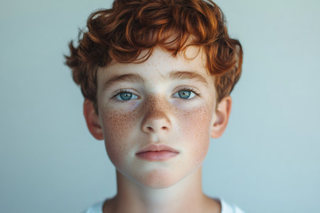 Young redheaded boy with curly hair and freckles, blue eyes meeting the camera in a calm, confident studio headshot portraitの素材