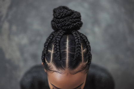 Woman displaying an intricate braided hairstyle with cornrows forming a detailed pattern leading to a stylish topknotの素材