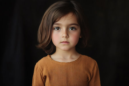 Young girl with natural freckles and deep eyes posing for a direct headshot against a plain dark studio backgroundの素材