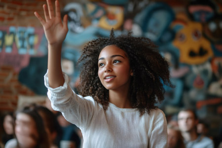 Young woman with curly hair raising hand, actively participating in a discussion or asking a question in an educational settingの素材