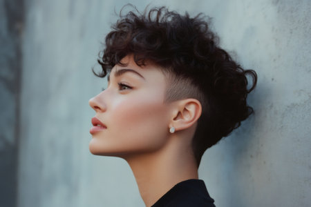 Young woman showcasing a modern curly pixie haircut with shaved sides. Posing in profile against a simple textured wallの素材