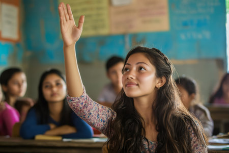 Young woman student actively raising hand, engaging in class discussion and learning. Concepts of education, participation, and ambitionの素材