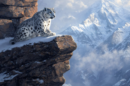 Snow leopard sits on a rocky ledge, observing its snowy mountain habitat. Wildlife in severe winter conditionsの素材