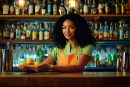 Smiling female bartender holding fresh lemons, representing excellent customer service and hospitality in a vibrant bar settingの素材