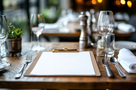 Blank clipboard with copy space on a rustic wooden table, featuring a modern place setting in a restaurant interiorの素材