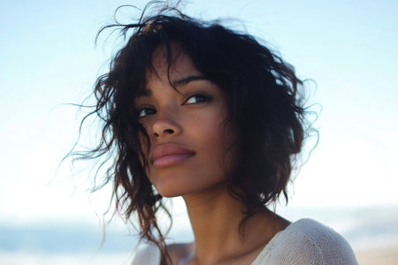 Young woman with freckles and wavy dark hair softly looking up. Capturing natural beauty, sunlit momentの素材
