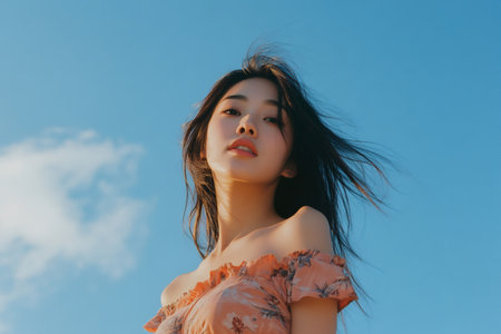 Young Asian woman looking up with confidence, hair blowing in wind against a clear blue sky, embracing natural beautyの素材