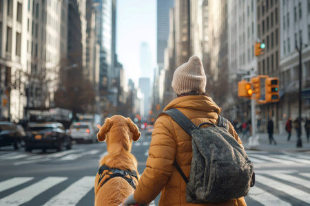 Person and guide dog waiting at a busy city street crosswalk, navigating the urban environment for independenceの素材