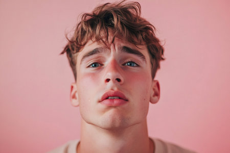 Young man in emotional distress, tearful and vulnerable, face showing sadness, pain and exhaustion from mental struggleの素材