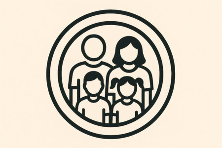 Family icon showing parents and children inside a circular border, symbolizing care, security, and togethernessの素材