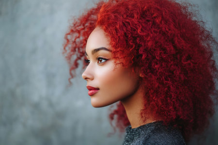 Young woman with red curly hair looking ahead, showcasing beauty and confidence against a simple backgroundの素材