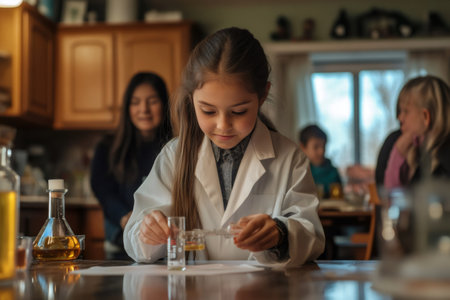 Young girl in a lab coat carefully pouring liquids during a science experiment at home, developing an interest in STEMの素材