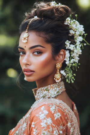 Elegant young woman presenting Indian bridal beauty and cultural heritage with intricate gold jewelry and a floral hairstyleの素材