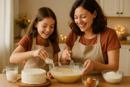 Happy mother and daughter mixing ingredients for a delicious homemade cake, enjoying time together in a domestic kitchenの素材