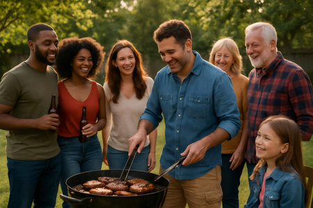 Diverse group of smiling people grilling food and drinking at a backyard summer party, celebrating togethernessの素材