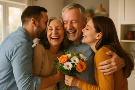 Adult children embracing and surprising their parents with a bouquet of flowers, all smiling and laughing joyfullyの素材