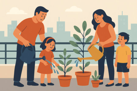 Family enjoying gardening on city rooftop, parents and children watering potted plants together, promoting sustainability and growthの素材