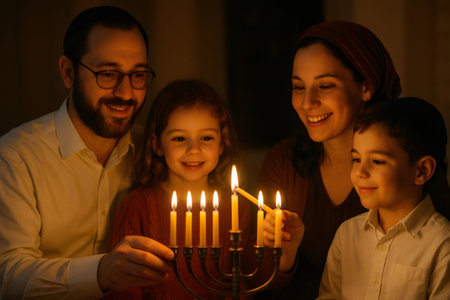 Family gathering around a lit menorah, smiling during Hanukkah celebrations, honoring religious traditionsの素材