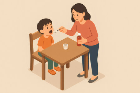 Mother caring for her child, administering liquid medicine with a spoon. Concept of children healthcare, parental care, and home treatmentの素材