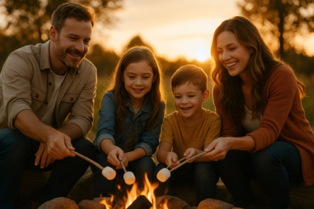 Happy family together, parents and children roasting marshmallows on sticks over warm campfire, creating loving memories at sunsetの素材