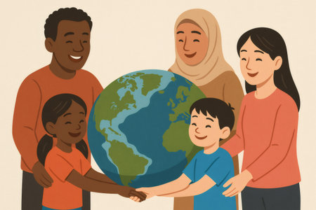 Diverse families from various ethnicities gather, children shaking hands in front of the world, symbolizing global unity and peaceの素材