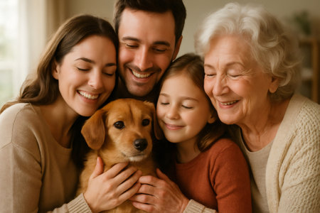 Multi generational happy family hugging their pet dog, showing emotional connection and warm bonding at homeの素材