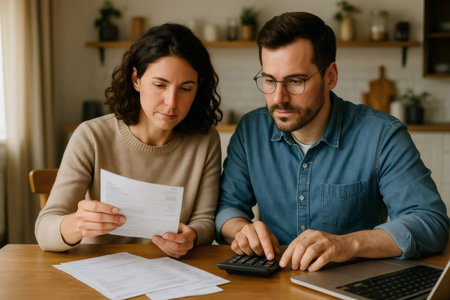 Couple reviewing financial documents, calculating expenses and paying bills. They are managing home finances, planning budgetの素材