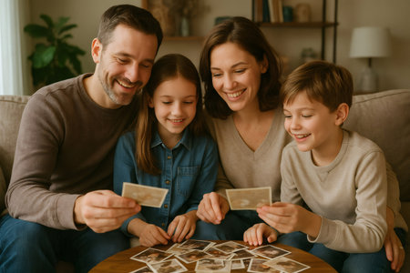 Young family bonding while sorting vintage printed images, creating happy moments and recalling the past together at homeの素材