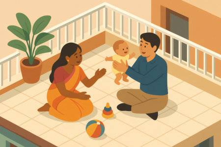 Multicultural young parents bonding with their smiling baby, enjoying playtime together on an outdoor apartment balconyの素材
