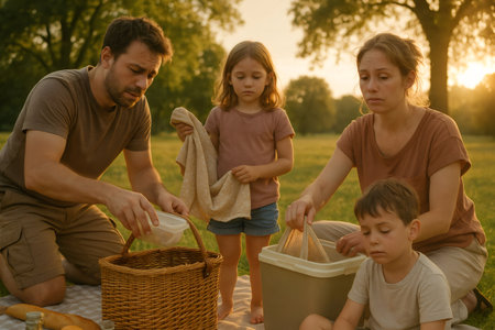 Family packing picnic essentials into a basket and cooler after an outdoor meal in a golden hour park settingの素材