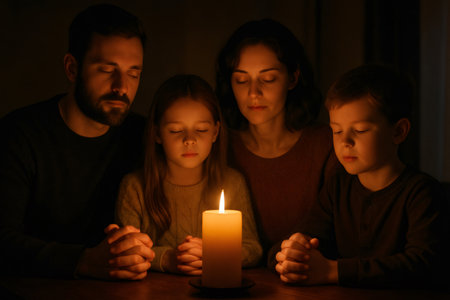 Family silently praying and meditating around a lit candle in a darkened room, finding comfort and expressing gratitudeの素材