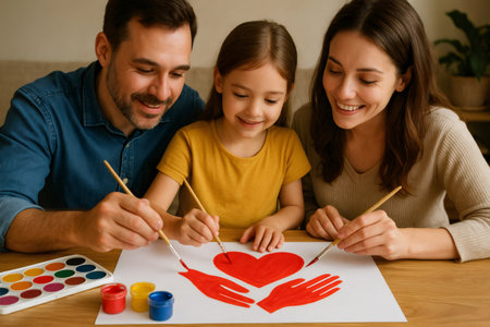 Family members working together, painting hands holding a heart, symbolizing care, support, and unityの素材