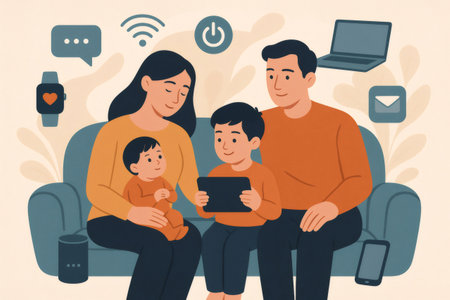 Family engaging with various digital devices and surrounded by smart home technology, reflecting modern connected livingの素材