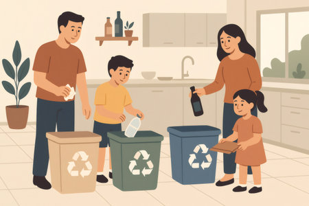 Family actively sorting plastic, paper, and glass into color coded bins with recycling symbols, promoting sustainabilityの素材