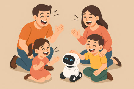 Family engaging with a cheerful pet robot, symbolizing future technology, AI companionship, and happy childhoodの素材