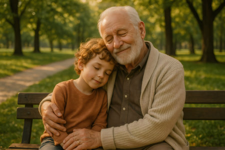 Grandfather embracing young boy in a peaceful park setting, showcasing family love, intergenerational connection, and emotional comfortの素材