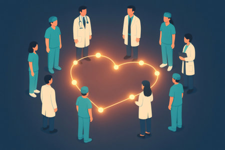 Diverse medical professionals standing in a circular formation, connecting to create a glowing heart symbol of care and strong partnershipの素材