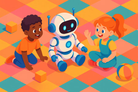 Diverse kids enjoying playtime with a cute robot companion, interacting in an educational and playful way on a vibrant floorの素材