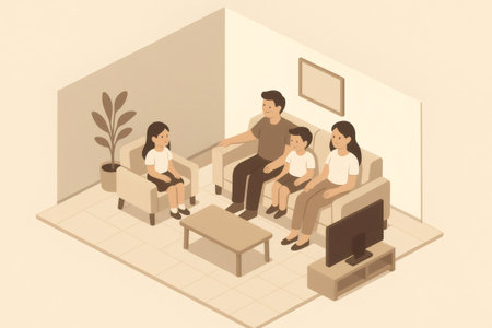 Family enjoying leisure time at home, parents and children sitting on sofa and armchair, watching TV in a cozy living roomの素材