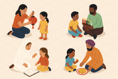 People of various ethnicities and cultures teaching children about different holiday traditions, promoting diversity, unity, and learningの素材