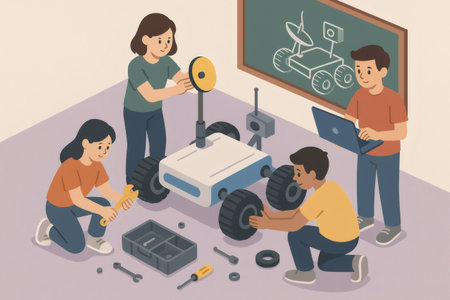 Group of students building a robot rover, learning engineering and programming skills in a classroom settingの素材