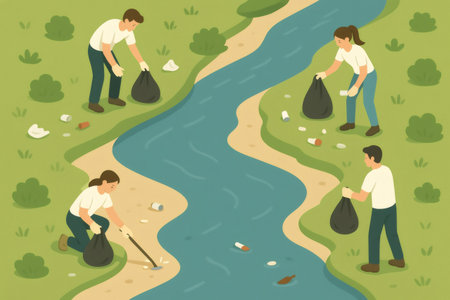 People volunteering together, collecting litter and garbage from a polluted river shore, promoting environmental protectionの素材